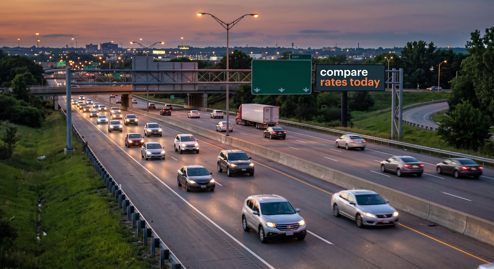 Evening highway traffic. Billboard wording on the photograph is promotional and is not a quote.